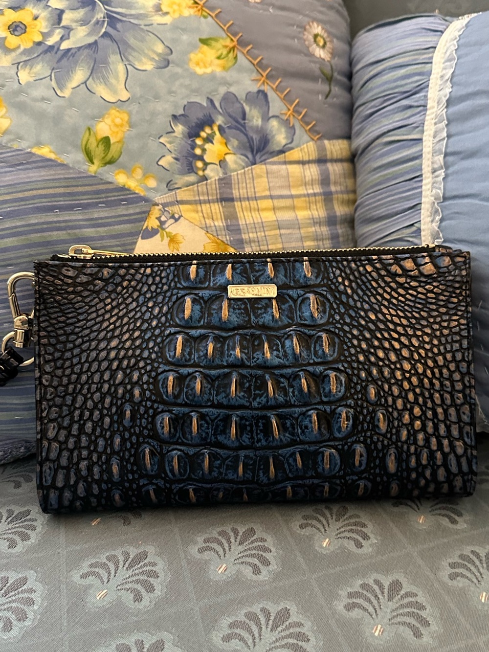 Brahmin Lazuli Navy Croc-Embossed Leather Wristlet with Gold Accents
